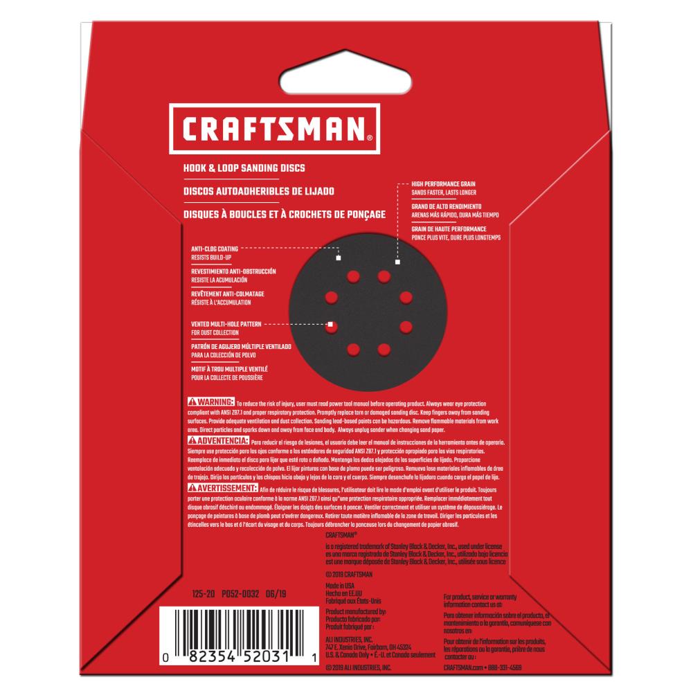 Disco de lija de cerámica alúmina de 220 granos 10 piezas CRAFTSMAN 5 en 8H H/L Cer Disco 220 Grt 10pk