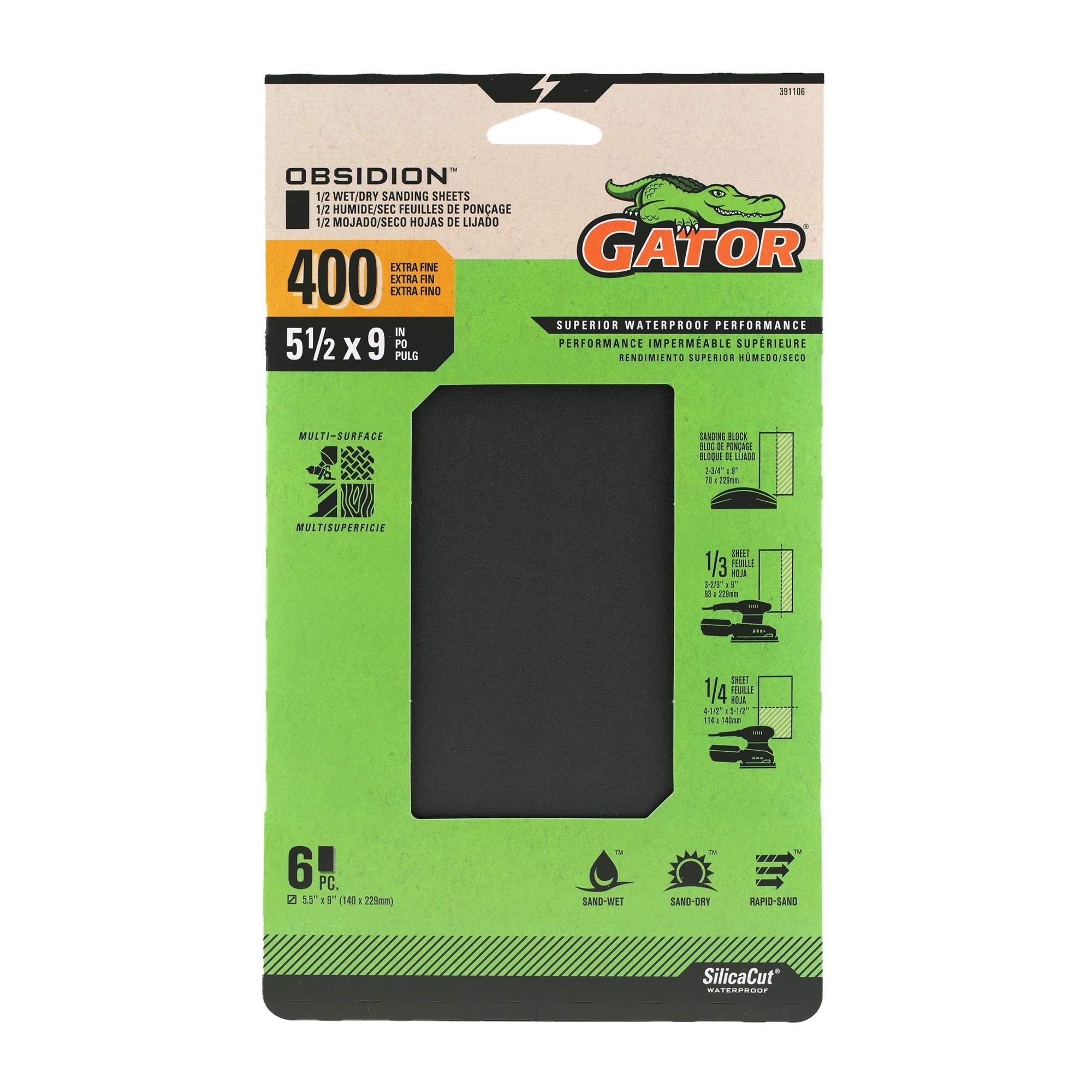 Lija de papel de carburo de silicio Gator Obsidion de 6 piezas de grano 400 - 391106