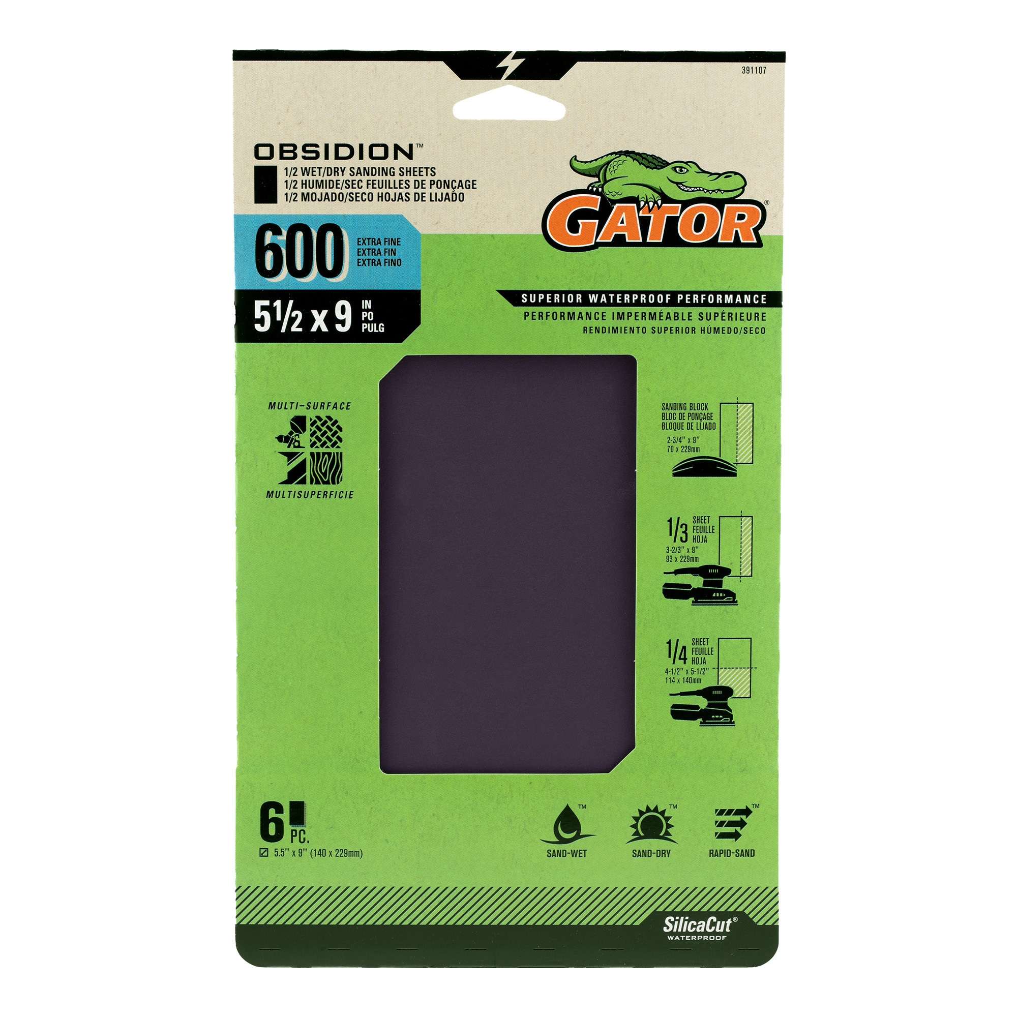 Lija de papel de carburo de silicio de grano 600 de 6 piezas Gator Obsidion 391107