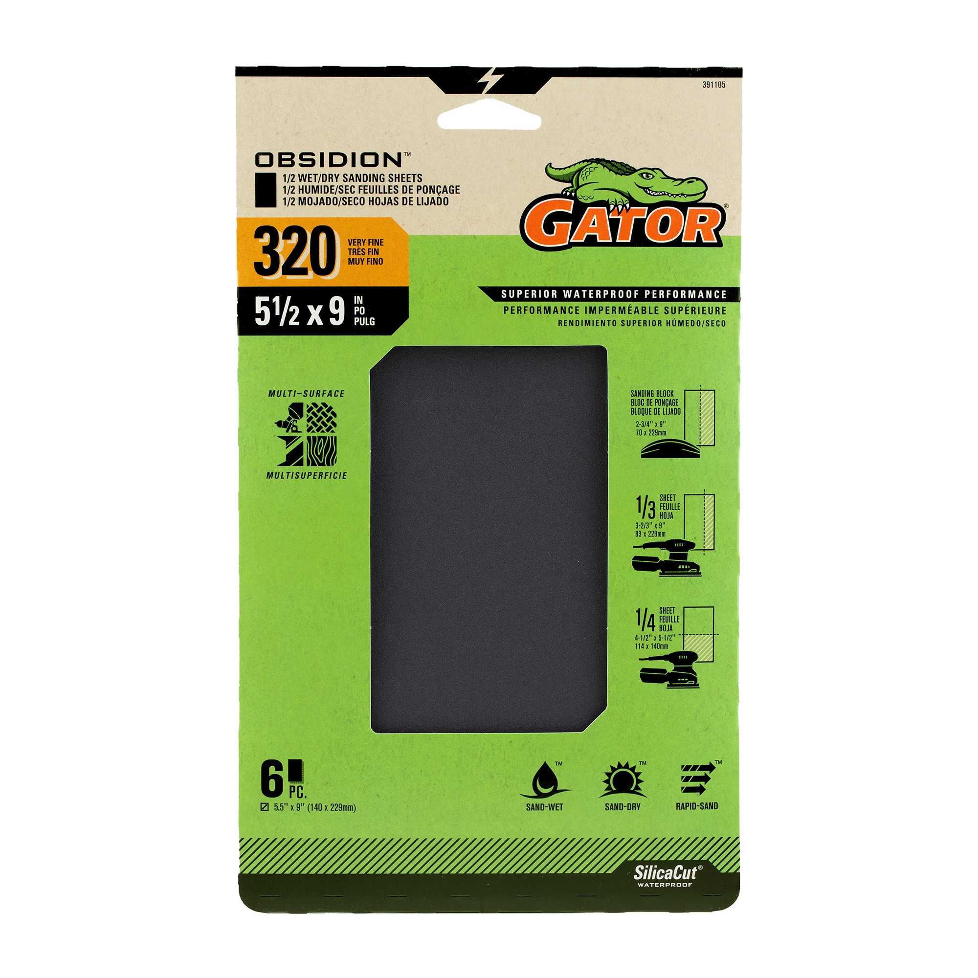 Papel de lija Gator Obsidion de 6 piezas de carburo de silicio con grano 320 - Hoja de lija 391105