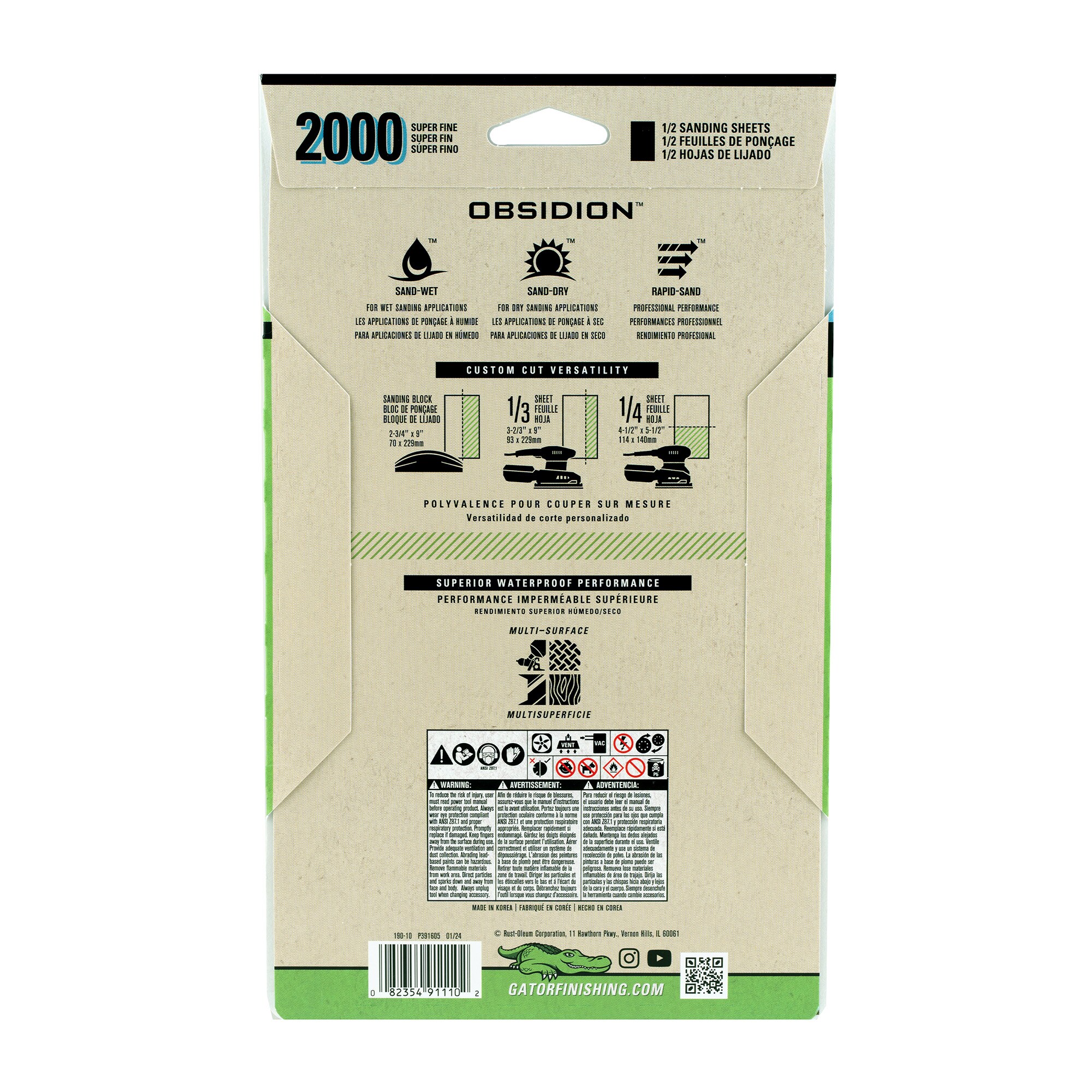 Lija de papel de carburo de silicio Gator Obsidion de 2000 granos - Paquete de 6 hojas (391110)