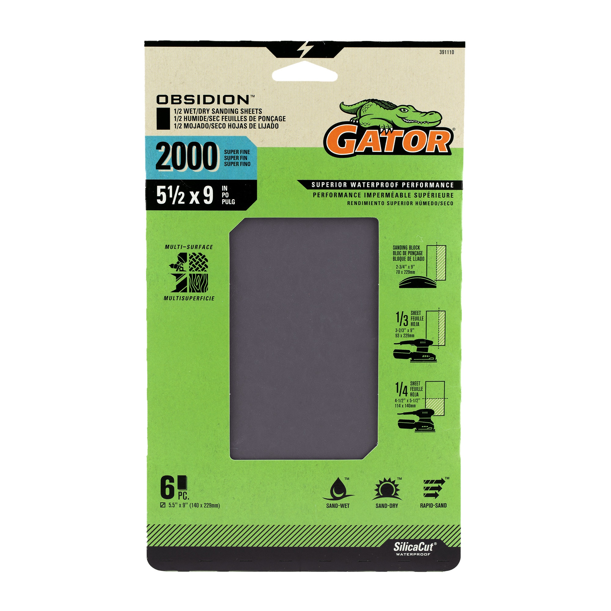 Lija de papel de carburo de silicio Gator Obsidion de 2000 granos - Paquete de 6 hojas (391110)