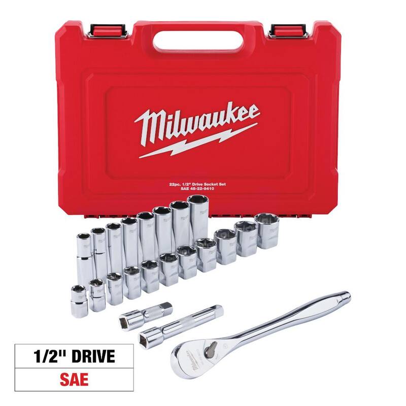 Juego de herramientas mecánicas Milwaukee de trinquete y dados SAE de 1/2 pulgadas (22 piezas) - 48-22-9410