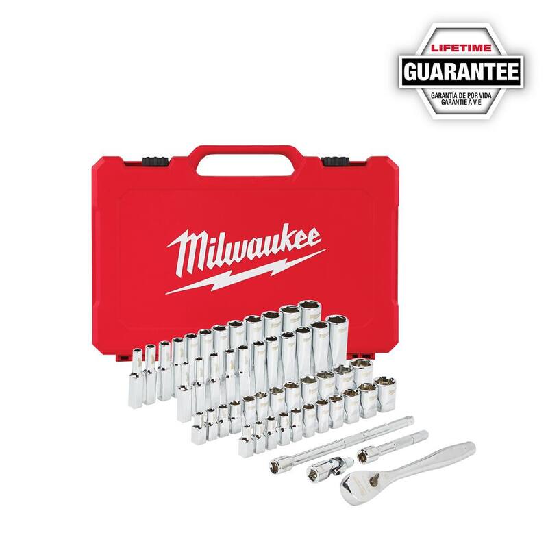 Set de herramientas de mecánico con llave de trinquete y dado Milwaukee de 1/4 de pulgada SAE/métrico con llave de trinquete extendida de 9 pulgadas de 1/4 de pulgada (51 piezas) - 48-22-9004-48-22-9005