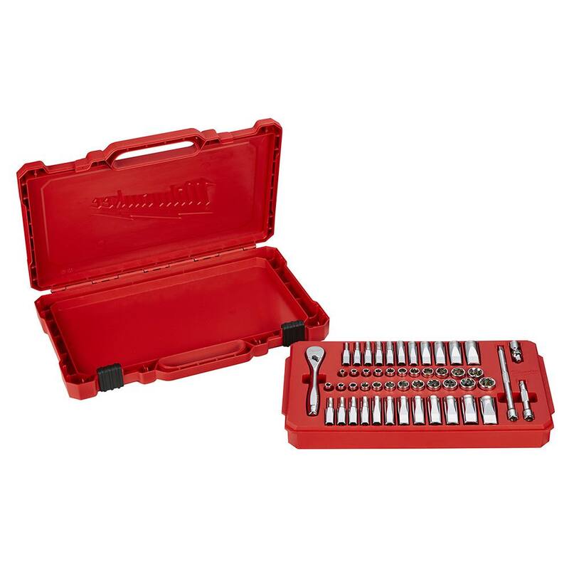 Set de herramientas de mecánico con llave de trinquete y dado Milwaukee de 1/4 de pulgada SAE/métrico con llave de trinquete extendida de 9 pulgadas de 1/4 de pulgada (51 piezas) - 48-22-9004-48-22-9005