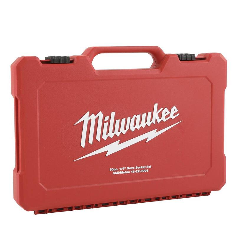 Set de herramientas de mecánico con llave de trinquete y dado Milwaukee de 1/4 de pulgada SAE/métrico con llave de trinquete extendida de 9 pulgadas de 1/4 de pulgada (51 piezas) - 48-22-9004-48-22-9005