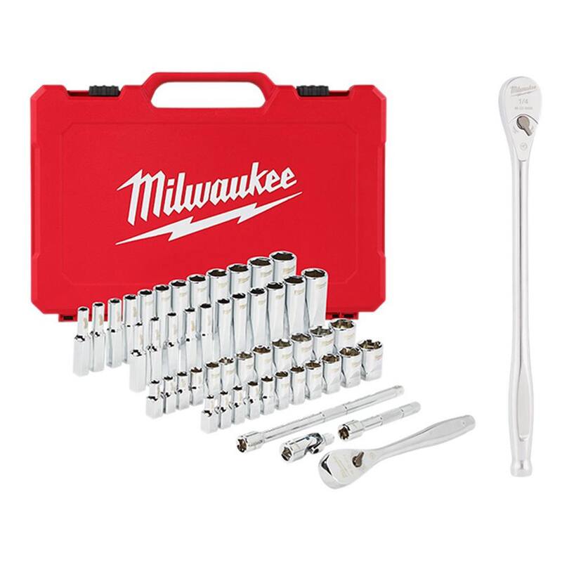 Set de herramientas de mecánico con llave de trinquete y dado Milwaukee de 1/4 de pulgada SAE/métrico con llave de trinquete extendida de 9 pulgadas de 1/4 de pulgada (51 piezas) - 48-22-9004-48-22-9005