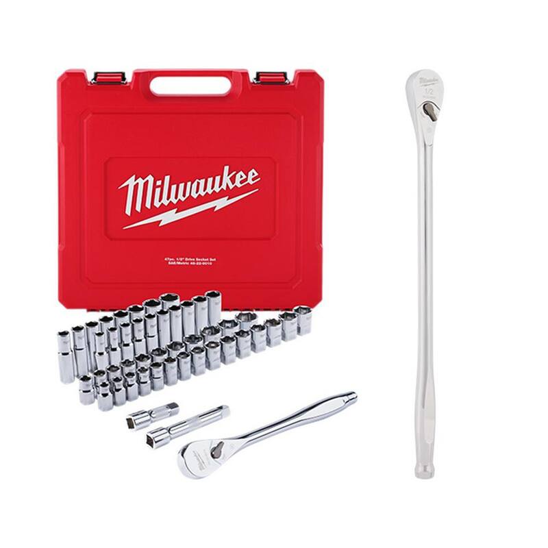 Set de herramientas mecánicas Milwaukee de 1/2 pulgadas de accionamiento SAE/métrico con trinquete y dados, incluye trinquete de 18 pulgadas de accionamiento de 1/2 pulgadas (48 piezas) - 48-22-9010-48-22-9050.