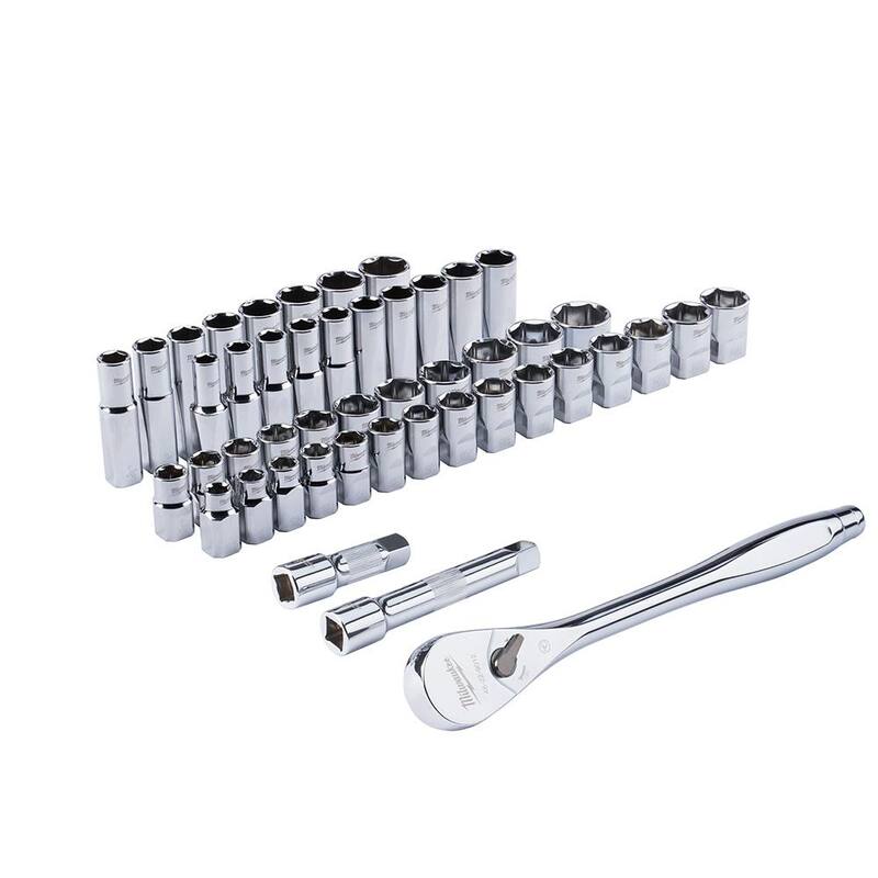 Set de herramientas mecánicas Milwaukee de 1/2 pulgadas de accionamiento SAE/métrico con trinquete y dados, incluye trinquete de 18 pulgadas de accionamiento de 1/2 pulgadas (48 piezas) - 48-22-9010-48-22-9050.