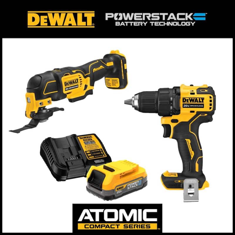DEWALT ATOMIC taladro/driver inalámbrico compacto sin escobillas de 20V 1/2 pulgadas, herramienta oscilante de 20V y kit de inicio de batería POWERSTACK de 20V - DCD708BW354034C