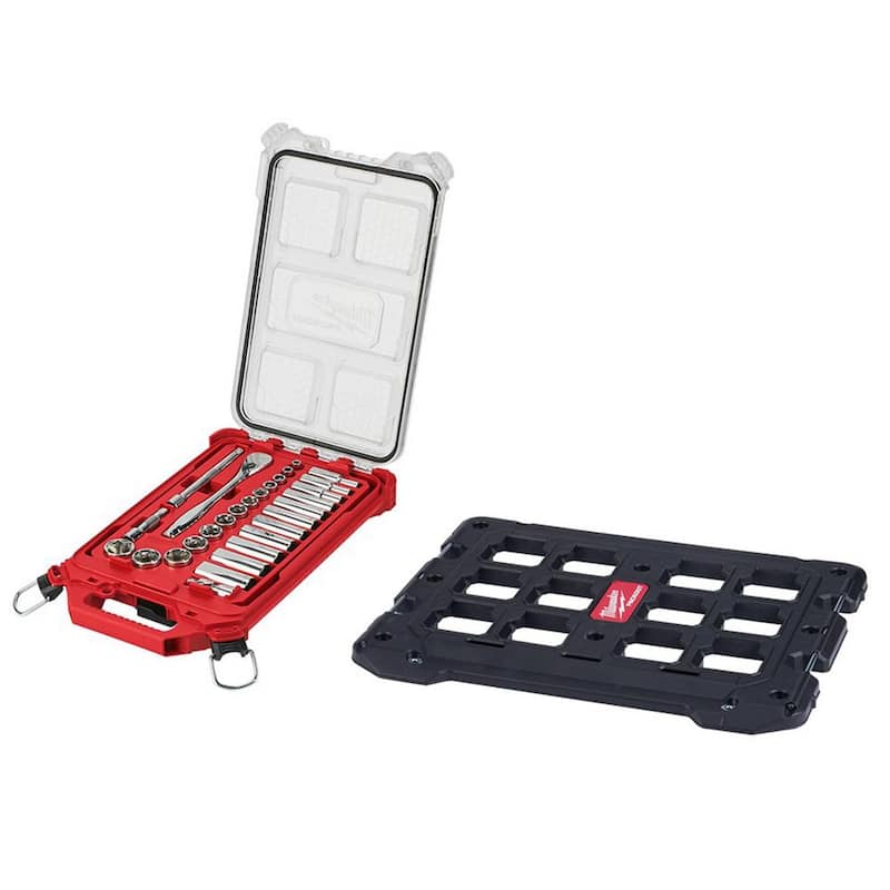 Set de herramientas de mecánico Milwaukee de trinquete y llaves de vaso de 3/8 pulgadas con estuche Packout (28 piezas) y placa de montaje Packout - 48-22-9481-48-22-8485.