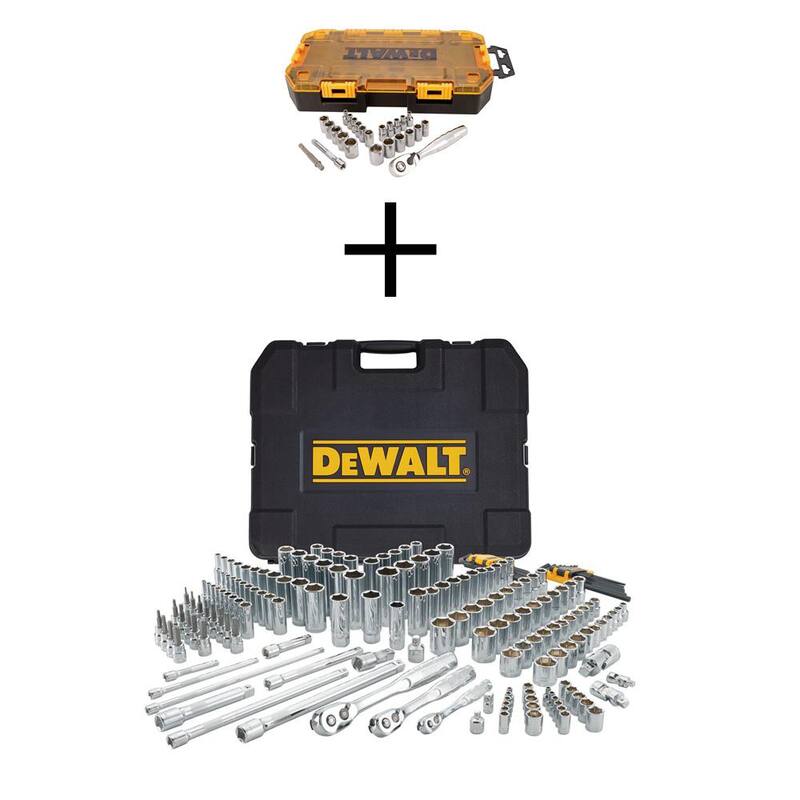 Juego de llaves de trinquete y dado DEWALT de 1/4 de pulgada con medidas SAE y métricas (25 piezas) y juego de herramientas para mecánica de cromo vanadio de 192 piezas - DWMT73805W75049