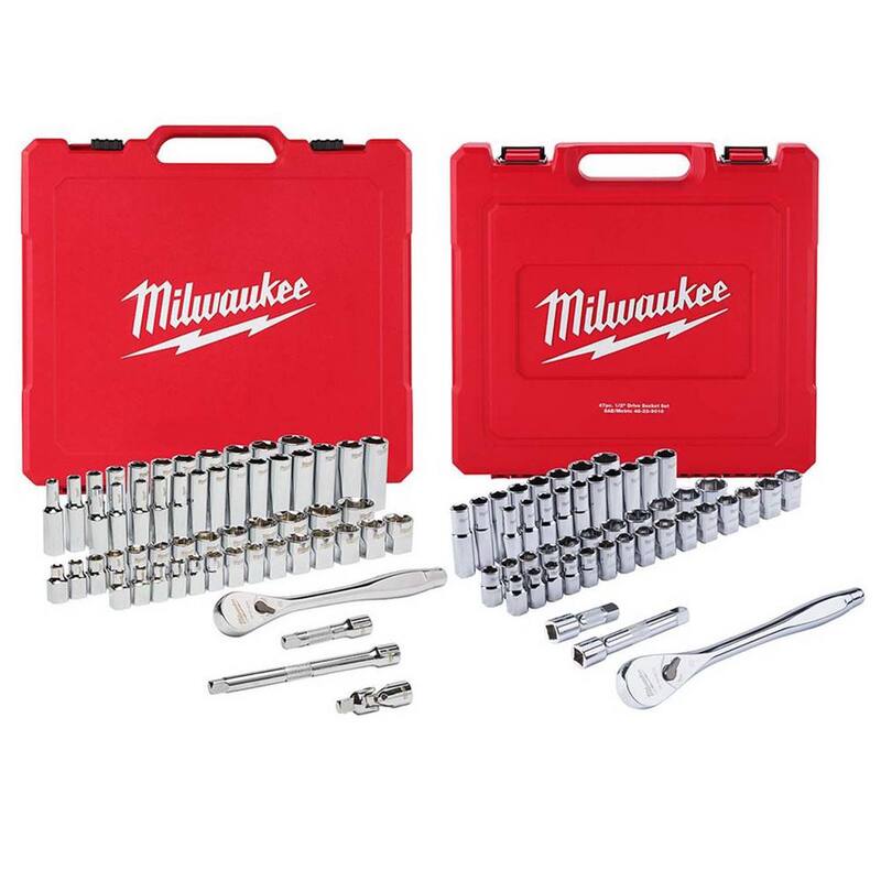 Juego de herramientas mecánicas Milwaukee de trinquete y dados SAE/métricos de 3/8 y 1/2 pulgadas (103 piezas) - 48-22-9008-48-22-9010