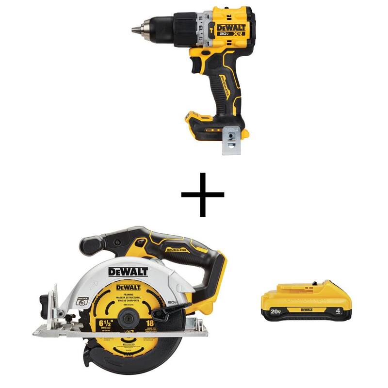 DEWALT Taladro percutor compacto inalámbrico de 20V 1/2 pulgada, Sierra circular inalámbrica de 20V sin escobillas de 6-1/2 pulgadas y Batería compacta de 20V 4.0ah - DCD805BW565B240