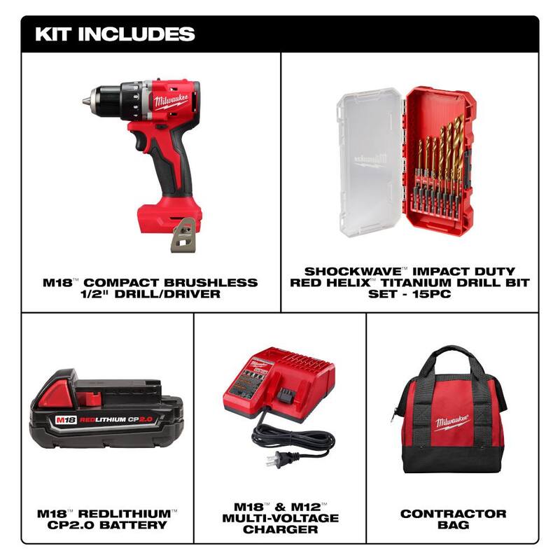 Milwaukee M18 Taladro/destornillador compacto inalámbrico sin escobillas de 18V de iones de litio con una batería de 2.0 Ah, cargador y juego de brocas (15 piezas) - 3601-21P-48-89-4670