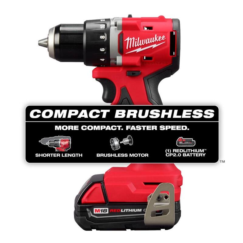Milwaukee M18 Taladro/destornillador compacto inalámbrico sin escobillas de 18V de iones de litio con una batería de 2.0 Ah, cargador y juego de brocas (15 piezas) - 3601-21P-48-89-4670