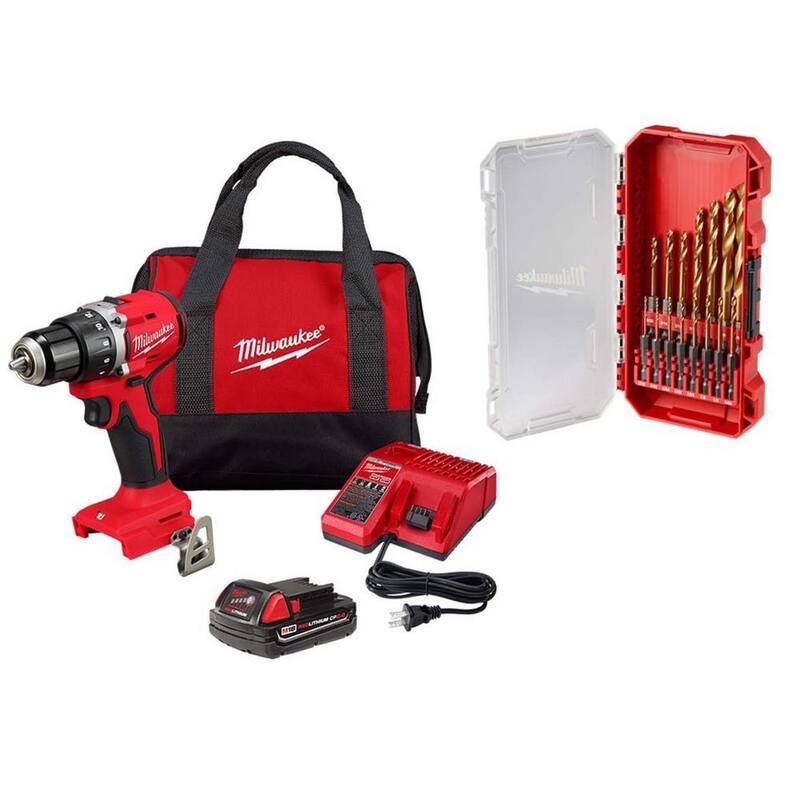 Milwaukee M18 Taladro/destornillador compacto inalámbrico sin escobillas de 18V de iones de litio con una batería de 2.0 Ah, cargador y juego de brocas (15 piezas) - 3601-21P-48-89-4670