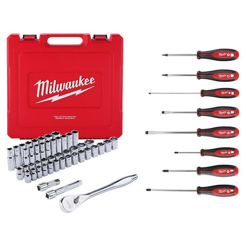 Juego de herramientas mecánicas Milwaukee de 1/2 pulgadas con trinquete, puntas SAE/Métricas y juego de desarmadores (55 piezas) - 48-22-9010-48-22-2718
