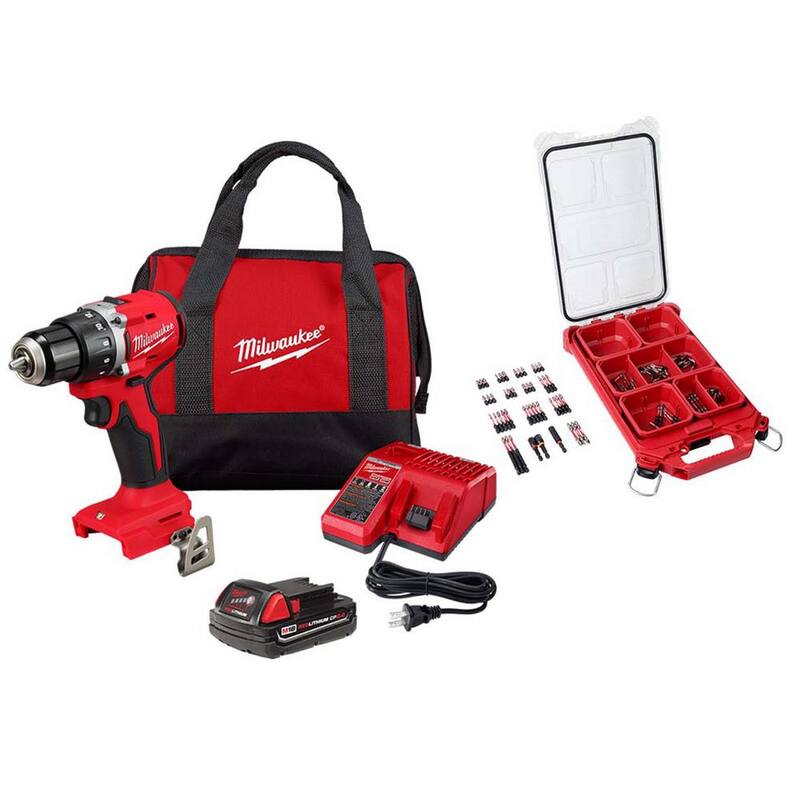 Milwaukee M18 Taladro/Atornillador Compacto Inalámbrico de 1/2 pulg. sin Escobillas de Ión de Litio de 18V con una batería de 2.0 Ah, Cargador y Juego de Puntas (de 100 piezas) - 3601-21P-48-32-4082