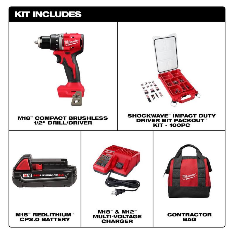 Milwaukee M18 Taladro/Atornillador Compacto Inalámbrico de 1/2 pulg. sin Escobillas de Ión de Litio de 18V con una batería de 2.0 Ah, Cargador y Juego de Puntas (de 100 piezas) - 3601-21P-48-32-4082