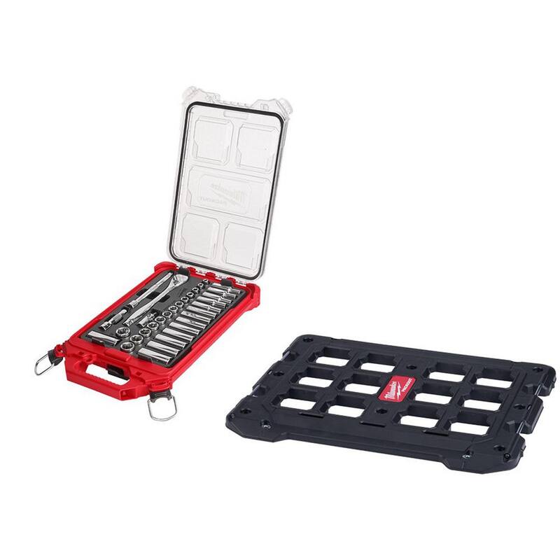 Juego de herramientas de mecánica con llave de trinquete métrica de 3/8 pulgadas de Milwaukee con estuche PACKOUT y placa de montaje PACKOUT (32 piezas) - 48-22-9482-48-22-8485