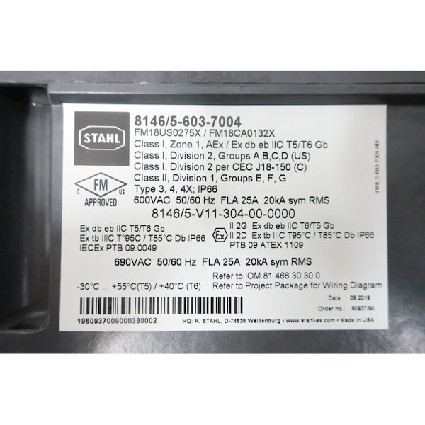 Interruptor de desconexión NO FUSIBLE de 25A AMP 600V-AC Stahl - 8146/5-603-7004