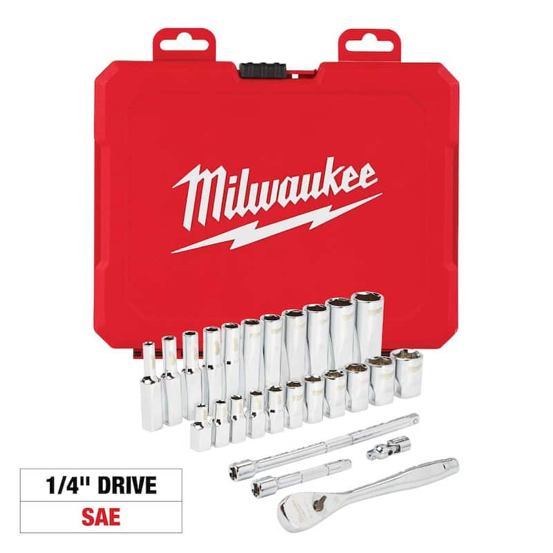 Juego de herramientas de mecánica Milwaukee de 1/4 pulgadas con trinquete y llaves de vaso en unidades de medida estándar (26 piezas) - 48-22-9404