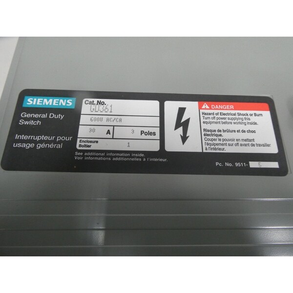 Interruptor de desconexión de fusible de 3P 30A 600V-AC Siemens - GD361