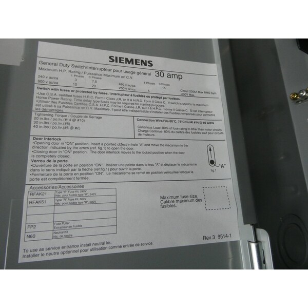 Interruptor de desconexión de fusible de 3P 30A 600V-AC Siemens - GD361
