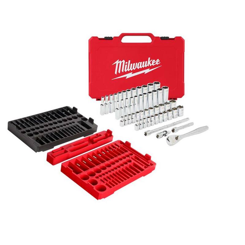 Charolas de trinquete/vaso Milwaukee de 1/4 y 3/8 pulgadas con juego de herramientas de mecánico de trinquete/vaso de 1/4 pulgadas SAE/métrico (53 piezas) - 48-22-9486T-48-22-9004