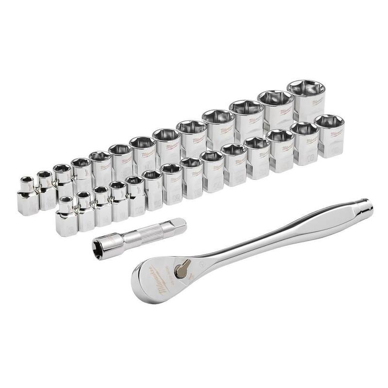 Juego de herramientas mecánicas Milwaukee de 3/8 pulgadas con trinquete SAE/métrico y juego de dados (29 piezas) - 48-22-9088