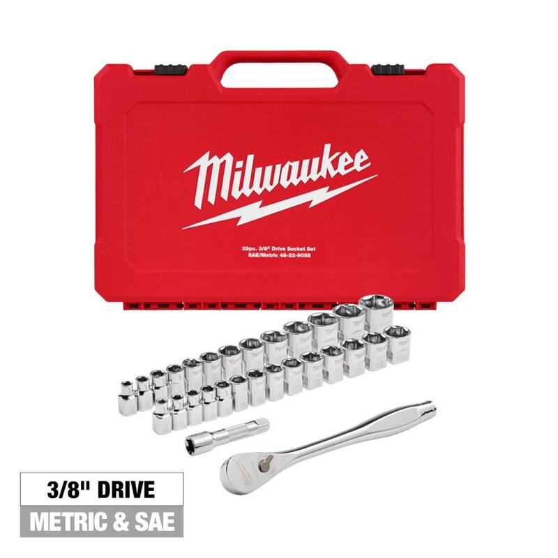 Juego de herramientas mecánicas Milwaukee de 3/8 pulgadas con trinquete SAE/métrico y juego de dados (29 piezas) - 48-22-9088
