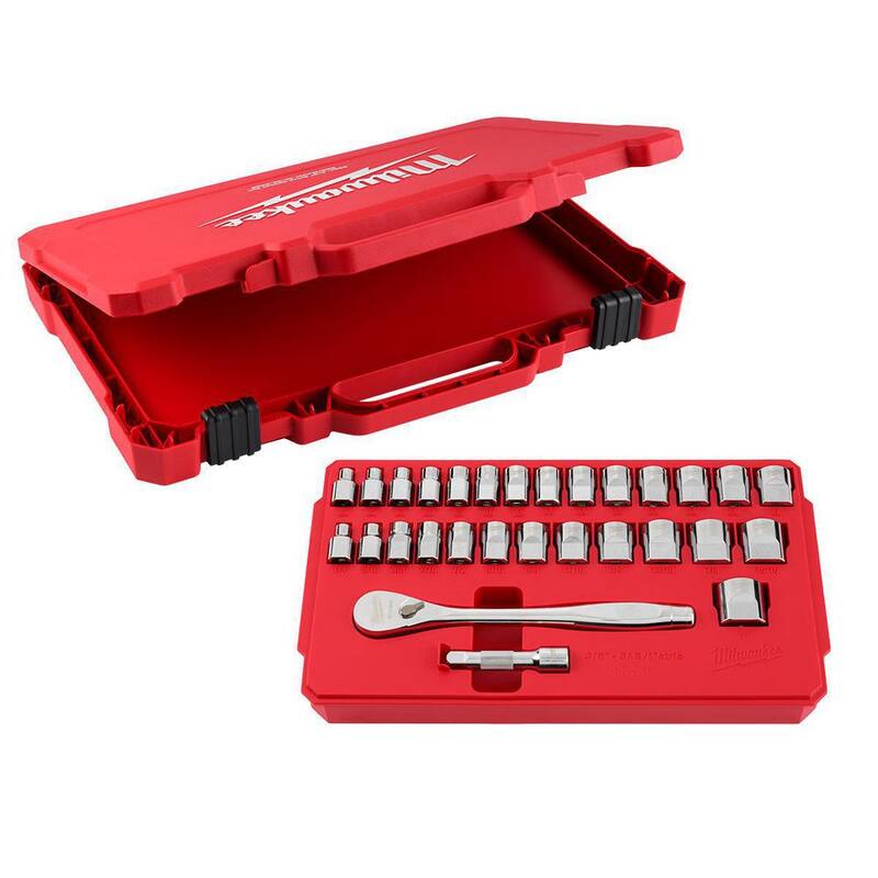Juego de herramientas mecánicas Milwaukee de 3/8 pulgadas con trinquete SAE/métrico y juego de dados (29 piezas) - 48-22-9088