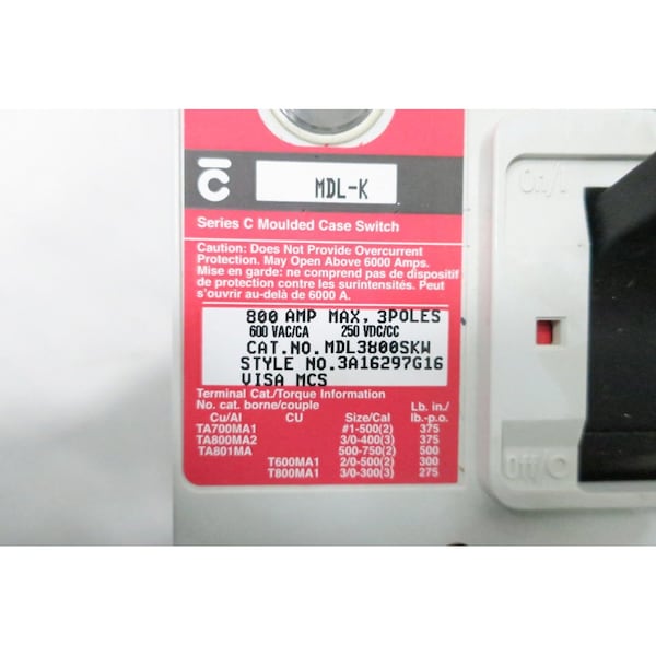 Interruptor de caja moldeada Eaton Cutler-Hammer 3P 800A 600V-AC - MDL3800SKW