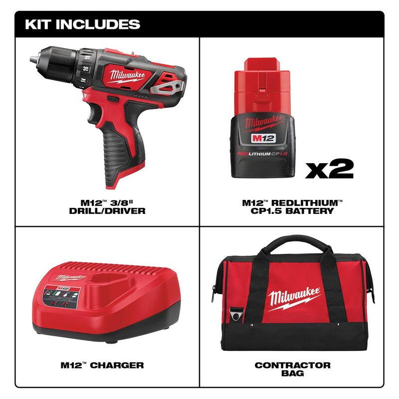 Juego de taladro/destornillador inalámbrico Milwaukee M12 12V de 3/8 pulgadas con dos baterías de 1.5 Ah, cargador y bolsa de herramientas - 2407-22