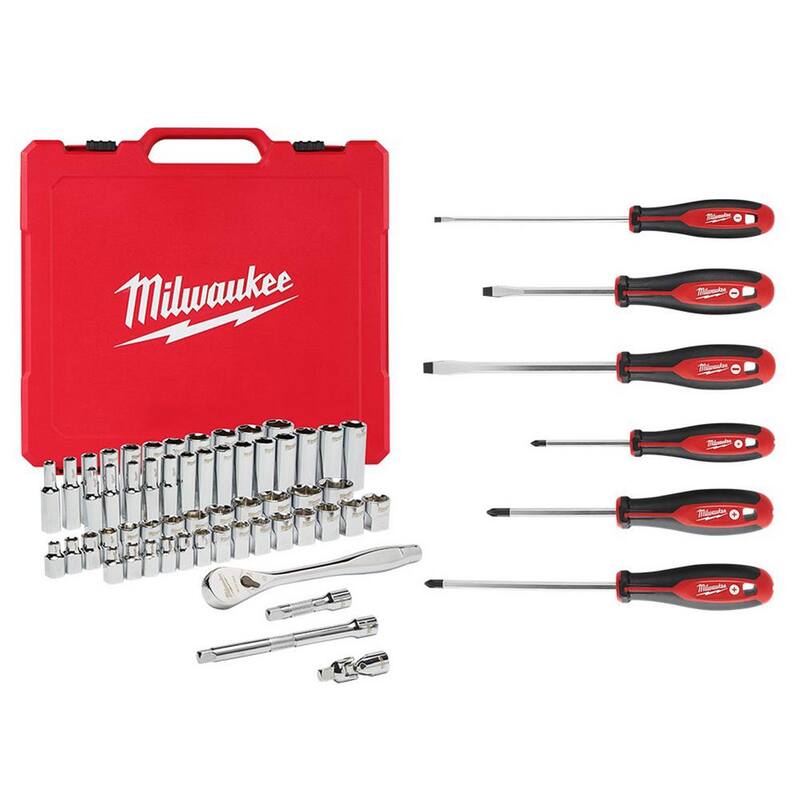 Juego de herramientas mecánicas Milwaukee de 3/8 de pulgada, con trinquete y dado en medidas estándar/métricas (56 piezas) y juego de desarmadores (6 piezas) - 48-22-9008-48-22-2706.