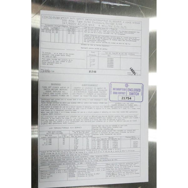Interruptor de desconexión de fusible Eaton 3P 200A AMP 347/600V-AC 250V-DC - CDH364NWKX