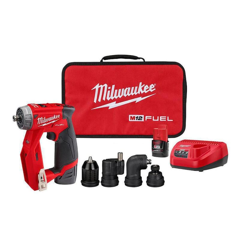 Milwaukee M12 FUEL 12V Taladro atornillador inalámbrico 3/8 pulg con motor sin escobillas de iones de litio de 4 en 1 y kit de 4 cabezales de herramientas - 2505-22.