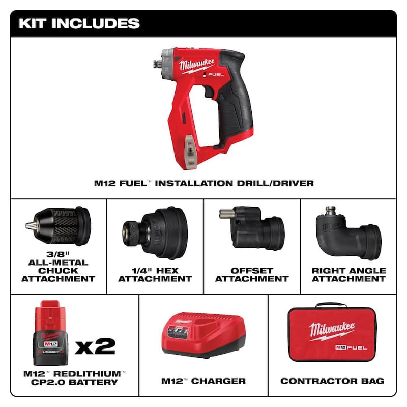 Milwaukee M12 FUEL 12V Taladro atornillador inalámbrico 3/8 pulg con motor sin escobillas de iones de litio de 4 en 1 y kit de 4 cabezales de herramientas - 2505-22.