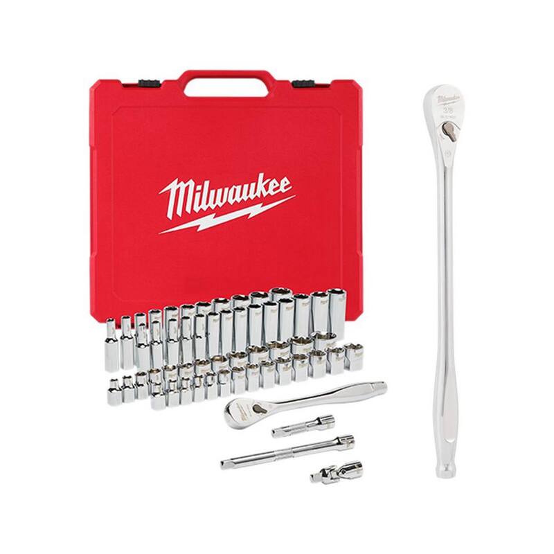 Juego de herramientas mecánicas Milwaukee de trinquete y dados en pulgadas/métrico de 3/8 pulgadas con trinquete extendido de 12 pulgadas de 3/8 pulgadas (57 piezas) - 48-22-9008-48-22-9037.