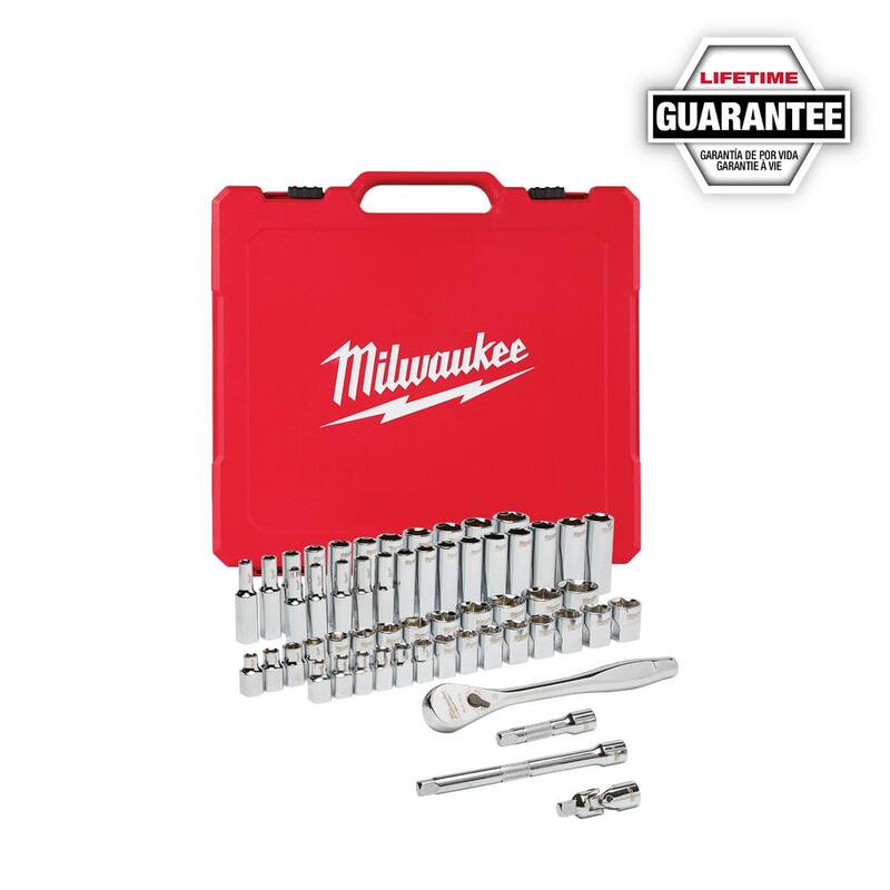 Juego de herramientas mecánicas Milwaukee de trinquete y dados en pulgadas/métrico de 3/8 pulgadas con trinquete extendido de 12 pulgadas de 3/8 pulgadas (57 piezas) - 48-22-9008-48-22-9037.