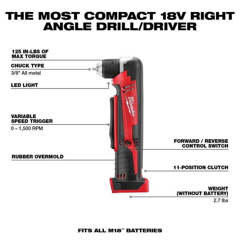 Milwaukee M18 Taladro angular recto inalámbrico de 3/8 pulgadas de 18V con batería de iones de litio (solo herramienta) - 2615-20