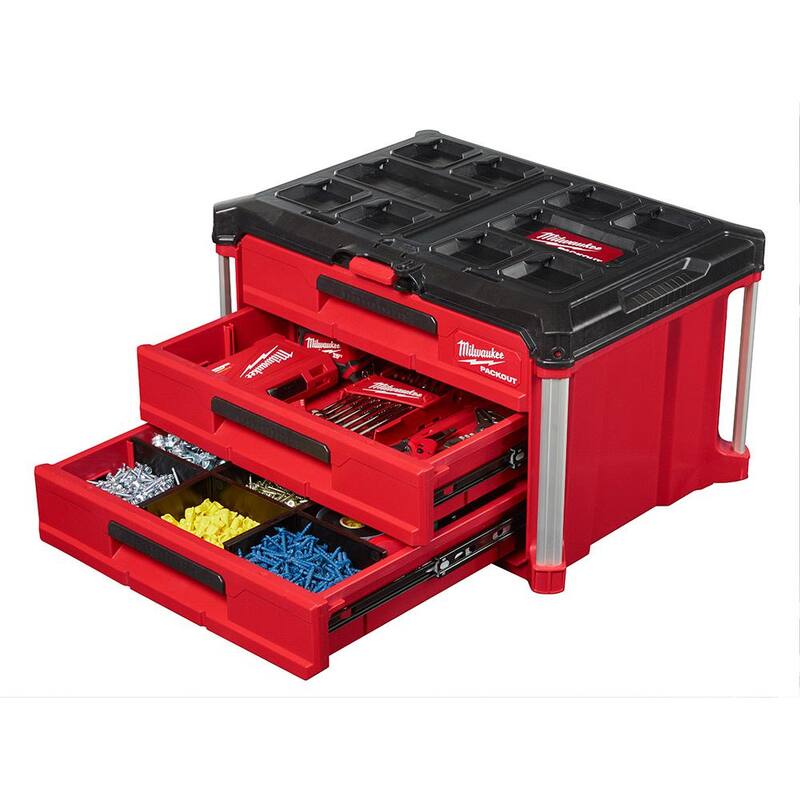 Juego de herramientas para mecánicos Milwaukee de 3/8 pulgadas con sistema SAE/métrico (62 piezas) con caja de herramientas PACKOUT de 3 cajones - 48-22-9008-48-22-2706-48-22-8443.