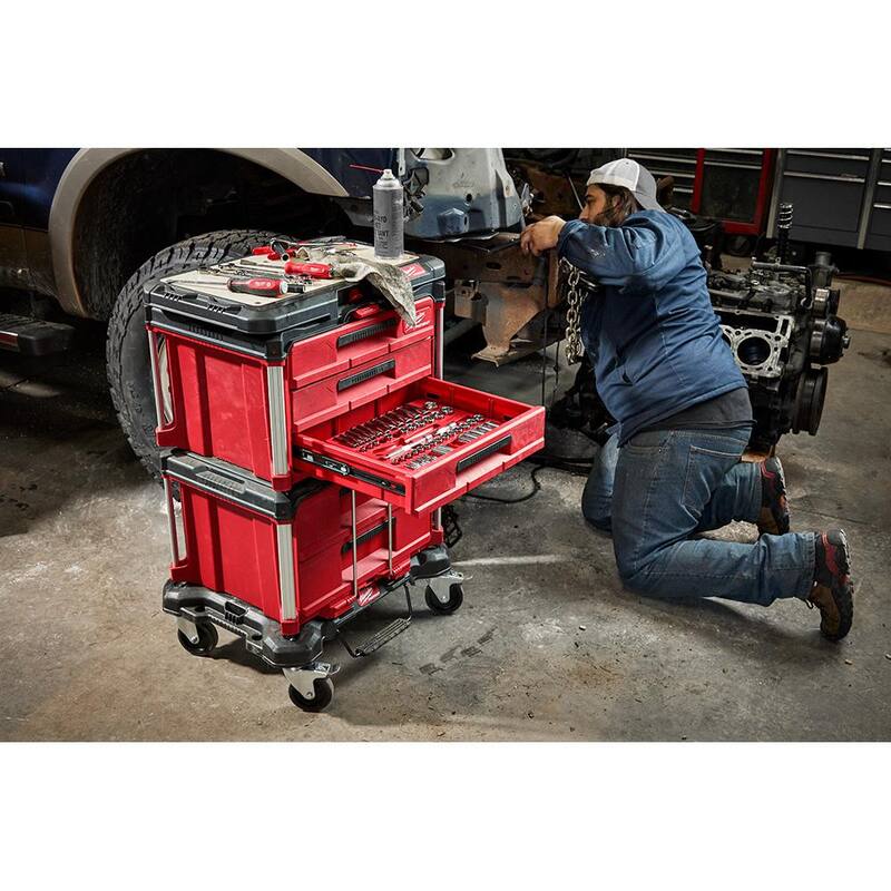 Juego de herramientas para mecánicos Milwaukee de 3/8 pulgadas con sistema SAE/métrico (62 piezas) con caja de herramientas PACKOUT de 3 cajones - 48-22-9008-48-22-2706-48-22-8443.