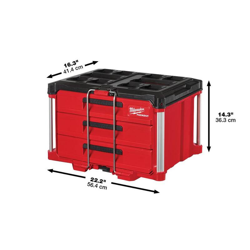 Juego de herramientas para mecánicos Milwaukee de 3/8 pulgadas con sistema SAE/métrico (62 piezas) con caja de herramientas PACKOUT de 3 cajones - 48-22-9008-48-22-2706-48-22-8443.
