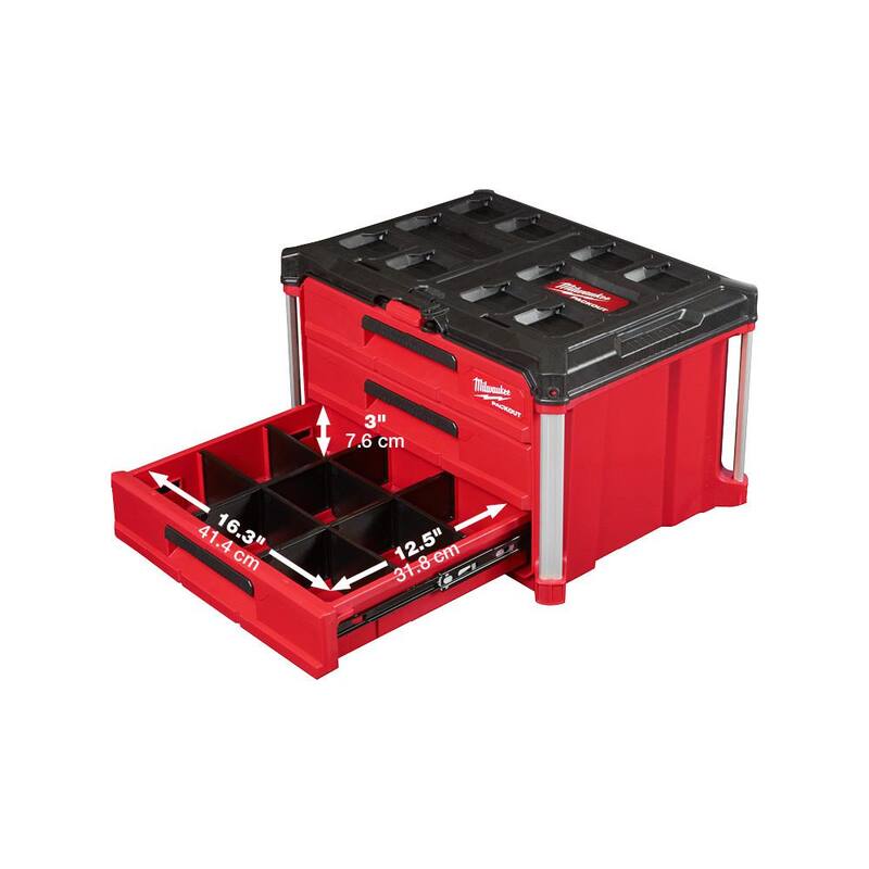 Juego de herramientas para mecánicos Milwaukee de 3/8 pulgadas con sistema SAE/métrico (62 piezas) con caja de herramientas PACKOUT de 3 cajones - 48-22-9008-48-22-2706-48-22-8443.