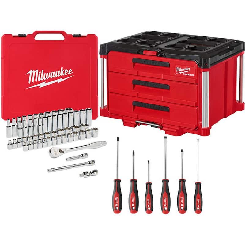 Juego de herramientas para mecánicos Milwaukee de 3/8 pulgadas con sistema SAE/métrico (62 piezas) con caja de herramientas PACKOUT de 3 cajones - 48-22-9008-48-22-2706-48-22-8443.