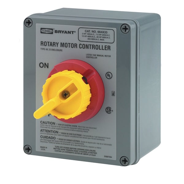 Controlador de motor rotativo cerrado Bryant, tres polos, 30A 600V AC, con tornillos de terminal, recinto termoplástico 4X - 664X33D