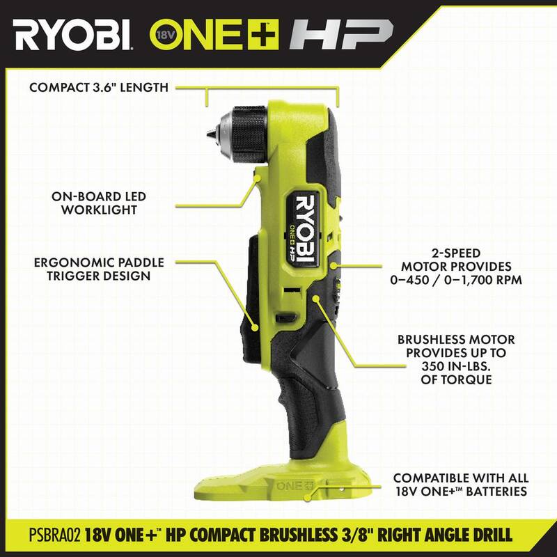 RYOBI ONE+ HP Taladro angular recto compacto inalámbrico brushless de 3/8 pulgadas de 18V (Herramienta Únicamente) - PSBRA02B