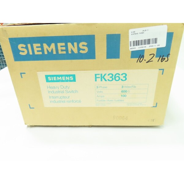 Interruptor de desconexión con fusible Siemens 3PH 3P 100A AMP 600V-AC - FK363